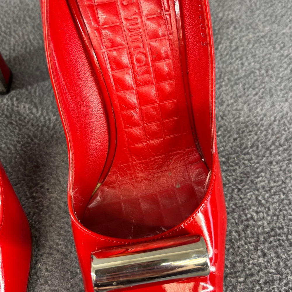 Louis Vuitton Shine Pump Women 39 Red Patent Leather Square‎ Toe Cylinder Heels - Picture 10 of 16